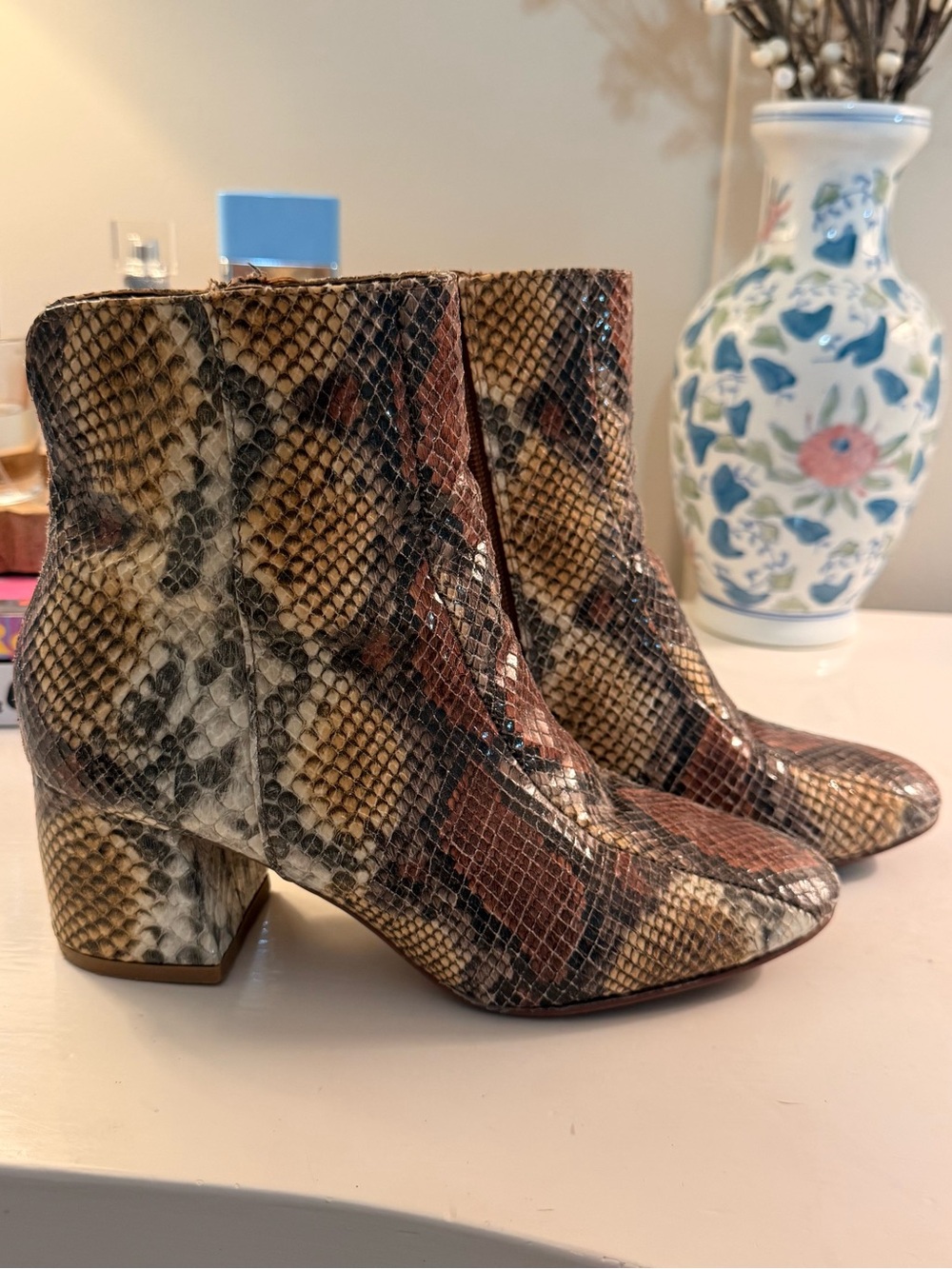 Chinese Laundry Snake-Print Block Heel Ankle Boots in Brown Multi